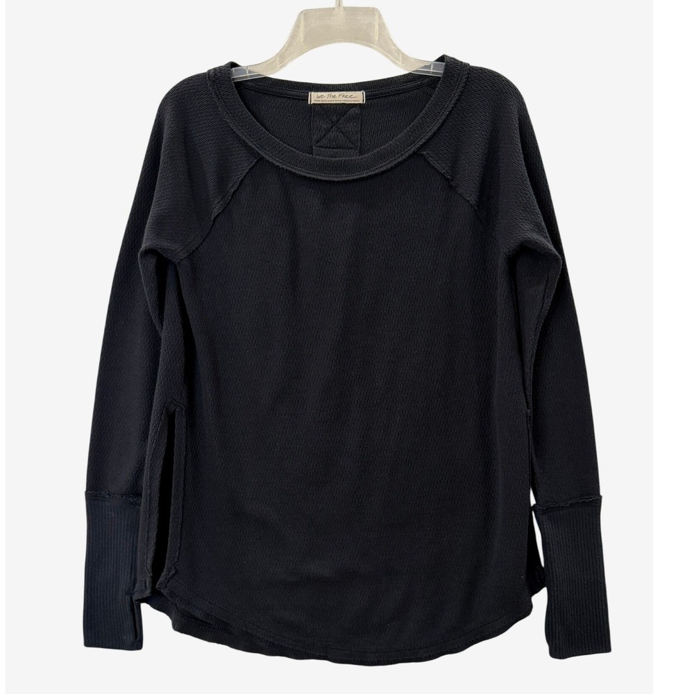 We The Free Free People Black Thermal Top Pleated Back Thumbhole Cuffs XS